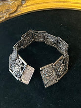 Load image into Gallery viewer, Vintage 1940s 1950s Art Nouveau Revival Sterling Silver Cabbage Rose Panel Link Bracelet 7”