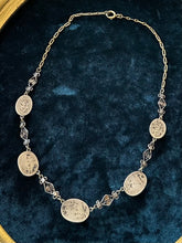 Load image into Gallery viewer, Antique Vintage Art Deco 1920s 1930s Filigree Brass Natural Jadeite Jade Oval Cabochon Necklace 16.75”