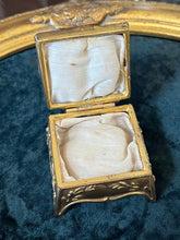 Load image into Gallery viewer, Antique Art Nouveau Gold Gilt Brass Footed Jewelry Trinket Box or Rosary Case Religious Cross | Silk Lined