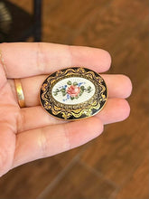 Load image into Gallery viewer, Vintage Oval Guilloche Enamel Handpainted Rose Flower Black Gold Edge Pin Brooch