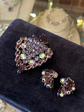 Load image into Gallery viewer, Vintage Midcentury Signed WEISS Purple & AB Aurora Borealis Rhinestone Brooch and Clip-on Earrings Set