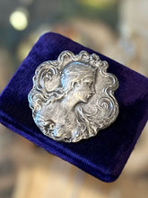 Load image into Gallery viewer, Vintage Art Nouveau Revival Repousse Silver Plated Woman Nymph Flowing Hair Floral Brooch Pin or Pendant