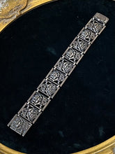 Load image into Gallery viewer, Vintage 1940s 1950s Art Nouveau Revival Sterling Silver Cabbage Rose Panel Link Bracelet 7”