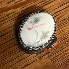 Load image into Gallery viewer, Antique Silver Red Bird Tree Branch Pill Box Container Engraved Flower Design