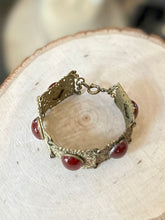 Load image into Gallery viewer, Antique 1910s 1920s Floral Brass & Hand Faceted Carnelian Cabochon Panel Link Bracelet Art Nouveau 7”