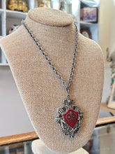 Load image into Gallery viewer, Vintage Midcentury Statement Lion Coat of Arms Shield Crown Silver Tone & Red Enamel Pendant Necklace 18.25”