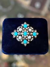 Load image into Gallery viewer, Vintage Signed HOBE Rhinestone Faux Pearls & Faux Turquoise Cabochon Brooch
