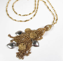 Load image into Gallery viewer, ‘CHAIN OF HEARTS’ Handmade Gold Tone Tassel Chain Necklace Hearts & Faux Coins