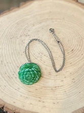 Load image into Gallery viewer, Vintage Carved Green Slag Glass Cabbage Rose Pendant Necklace Dainty Silver Tone Chain 15.25”