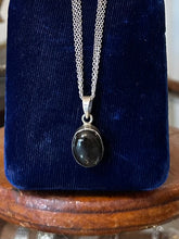 Load image into Gallery viewer, Vintage Postmodern Sterling Silver Oval Black Mother of Pearl Cabochon Pendant Necklace Triple Strand Chain 18”