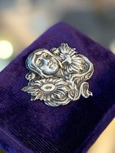 Load image into Gallery viewer, Vintage Art Nouveau Revival Repousse Silver Plated Woman Nymph Sunflower Floral Brooch Pin