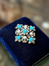 Load image into Gallery viewer, Vintage Signed HOBE Rhinestone Faux Pearls & Faux Turquoise Cabochon Brooch