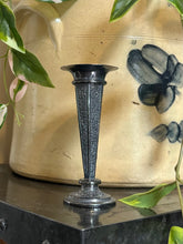 Load image into Gallery viewer, Antique Victorian Silverplate Floral Engraved Bud Trumpet Vase 5”