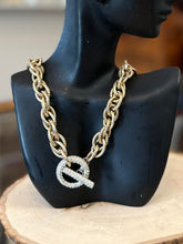 Load image into Gallery viewer, Vintage Signed JOMAZ Two Tone Chunky Rhinestone Toggle Clasp Choker Chain Link Necklace 15.25”
