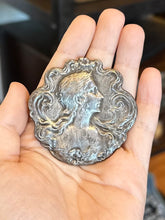 Load image into Gallery viewer, Vintage Art Nouveau Revival Repousse Silver Plated Woman Nymph Flowing Hair Floral Brooch Pin or Pendant