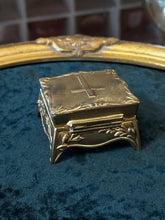 Load image into Gallery viewer, Antique Art Nouveau Gold Gilt Brass Footed Jewelry Trinket Box or Rosary Case Religious Cross | Silk Lined