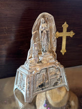 Load image into Gallery viewer, Vintage Art Deco Shiny Silver Tone Metal Statue Lourdes Apparition of Virgin Mary to St Bernadette 6” France