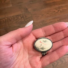 Load image into Gallery viewer, Antique Silver Red Bird Tree Branch Pill Box Container Engraved Flower Design