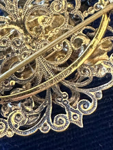 Load image into Gallery viewer, Vintage Austrian Brass Filigree Brooch Blue Rhinestones, Faux Pearls, & Blue Mottled Cabochon Center