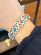 Load image into Gallery viewer, Vintage Signed P*M Sterling Silver Filigree Topaz CZ Hinged Bangle Bracelet