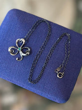 Load image into Gallery viewer, Vintage 1980s Signed Franklin Mint FM Sterling Silver & Emerald Open 3-Leaf Clover Shamrock Pendant Necklace 16.2”