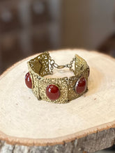 Load image into Gallery viewer, Antique 1910s 1920s Floral Brass & Hand Faceted Carnelian Cabochon Panel Link Bracelet Art Nouveau 7”