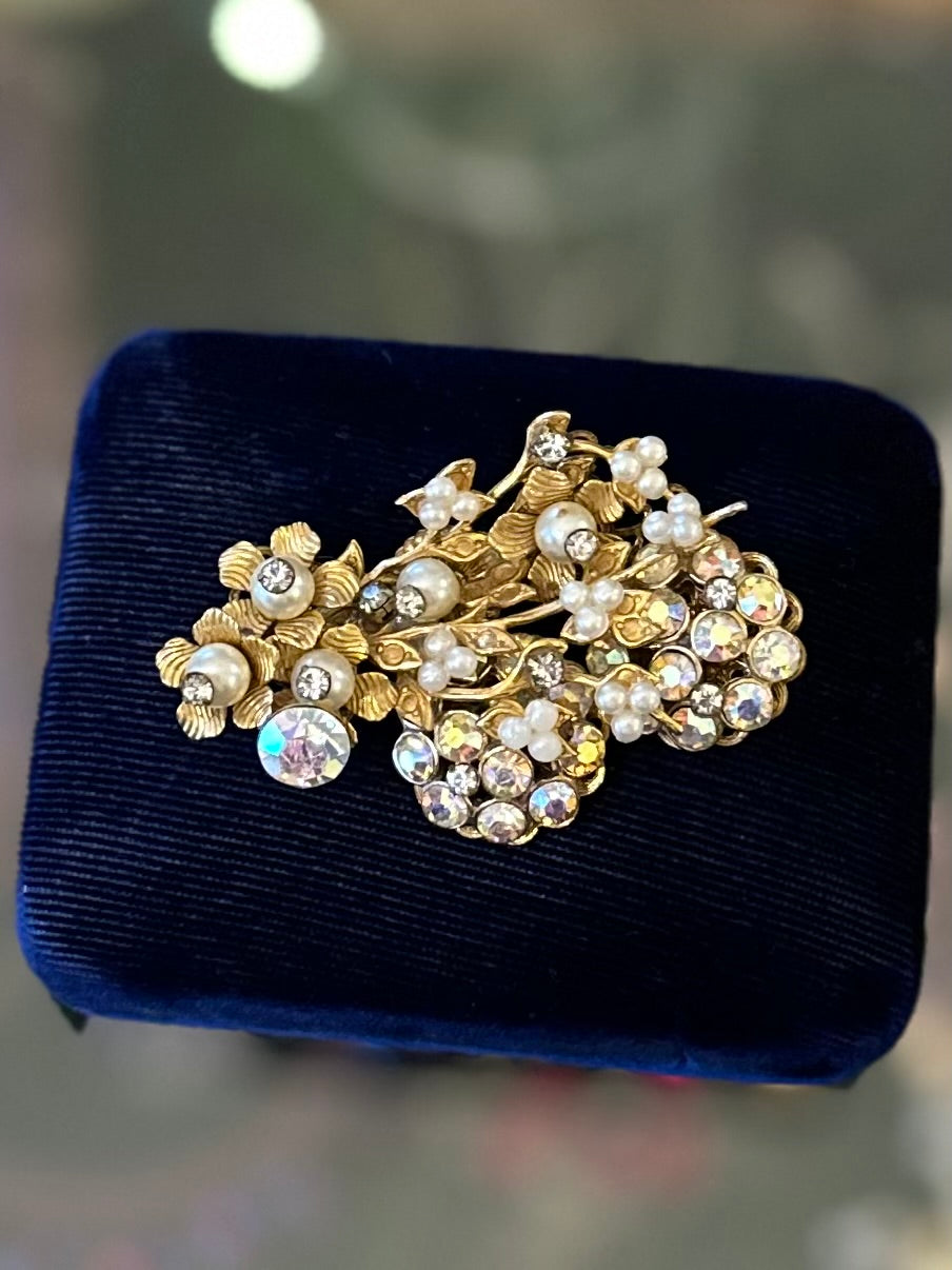 【ヴィンテージ】MIRIAM HASKELL ブローチ　ゴールド　ストーン Vintage Early Miriam Haskell Unsigned Faux Pearl Clear