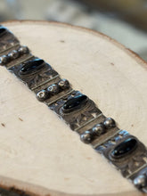 Load image into Gallery viewer, Vintage Sterling Silver Mexico Signed JB Black Onyx 32g Panel Bracelet 1970s