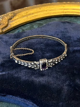 Load image into Gallery viewer, Vintage European Edwardian Art Deco 935 Sterling Silver Amethyst & Clear Rhinestone Jewelled Bow Motif Hinged Bangle Bracelet