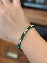 Load image into Gallery viewer, Art Deco Sterling Silver Emerald Green & Clear Square Faceted Rhinestone Engraved Hinged Bangle Bracelet