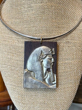 Load image into Gallery viewer, Vintage Midcentury Circa 1970s Large Wood & Silver Tone Metal Egyptian Revival Pharoah Pendant on Silver Tone Choker Adjustable