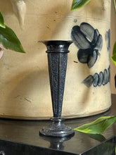 Load image into Gallery viewer, Antique Victorian Silverplate Floral Engraved Bud Trumpet Vase 5”