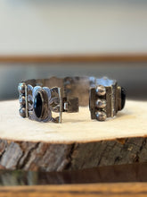 Load image into Gallery viewer, Vintage Sterling Silver Mexico Signed JB Black Onyx 32g Panel Bracelet 1970s