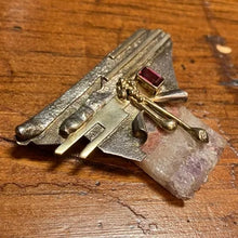 Load image into Gallery viewer, Vintage Raw Amethyst Crystal Gemstone Silver & Gold Brutalist Brooch Pin