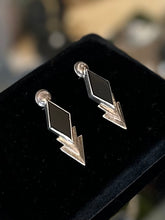 Load image into Gallery viewer, Vintage Modernist Sterling Silver & Beveled Black Onyx Diamond Shape Geometric Triangle Drop Earrings