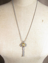 Load image into Gallery viewer, ‘GARDEN KEY’ Handmade Charm Cluster Necklace Vintage Terryville Conn Key Blue Rhinestone Flower Charm