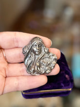 Load image into Gallery viewer, Antique Art Nouveau Repousse Silver Plated Sleeping Beauty Woman Nymph Floral Brooch Pin C-Clasp