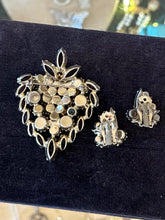 Load image into Gallery viewer, Vintage Midcentury Signed WEISS Purple & AB Aurora Borealis Rhinestone Brooch and Clip-on Earrings Set