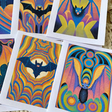 Load image into Gallery viewer, Box Set Of 8 Groovy Psychedelic Colorful Halloween Bat Cards: Brown Kraft Paper