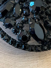 Load image into Gallery viewer, Vintage Midcentury Signed WEISS Jet Black Japanned Rhinestone Round Brooch 2”