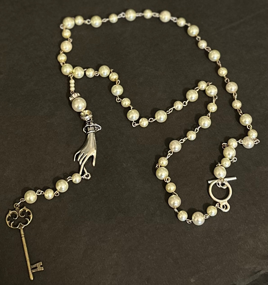 Handmade Faux Pearl Beaded Hand & Key Necklace w/ Toggle Clasp - Hand on Key