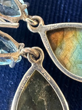 Load image into Gallery viewer, Vintage Sterling Silver Genuine Labradorite Cabochon Teardrop & Faceted Blue Aquamarine Glass Dangle Earrings