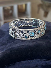 Load image into Gallery viewer, Vintage Signed P*M Sterling Silver Filigree Topaz CZ Hinged Bangle Bracelet