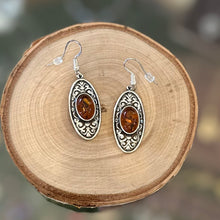 Load image into Gallery viewer, Vintage Sterling Silver & Genuine Baltic Amber Art Nouveau Style Scroll Dangle Earrings