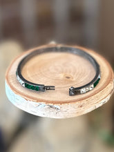 Load image into Gallery viewer, Art Deco Sterling Silver Emerald Green & Clear Square Faceted Rhinestone Engraved Hinged Bangle Bracelet