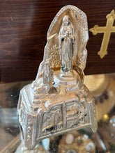 Load image into Gallery viewer, Vintage Art Deco Shiny Silver Tone Metal Statue Lourdes Apparition of Virgin Mary to St Bernadette 6” France