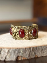 Load image into Gallery viewer, Antique 1910s 1920s Floral Brass & Hand Faceted Carnelian Cabochon Panel Link Bracelet Art Nouveau 7”