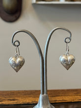 Load image into Gallery viewer, Vintage Sterling Silver Etched Puffy Heart Dangle Drop Earrings