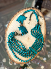 Load image into Gallery viewer, Unique Vintage Boho Teal & Silver Tone Beaded Multi-Strand Hand Carved Elephant Necklace 24.25” Hook Closure