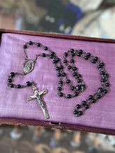 Load image into Gallery viewer, Vintage Sterling Silver Rosary Our Lady of The Snows Black Beads Signed Creed 22.75”